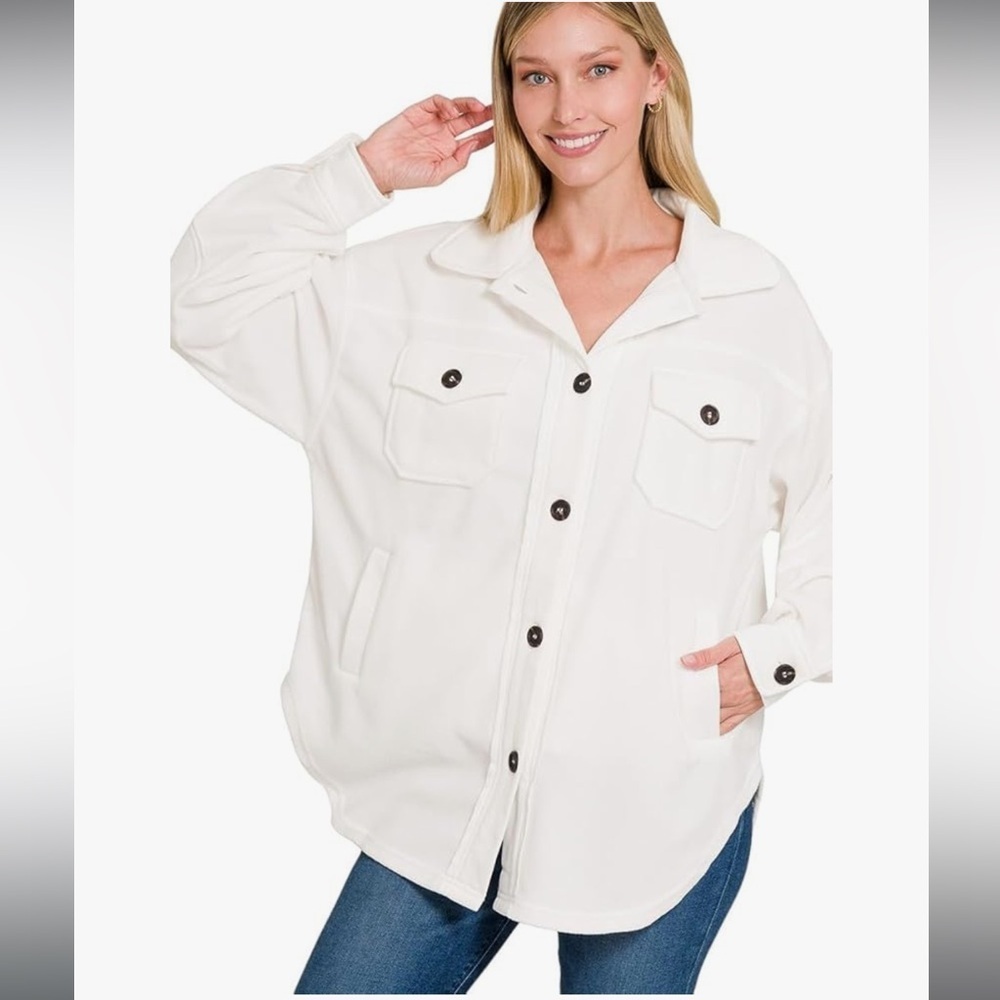 Zenana All About the Fleece Lightweight Button-Down Shacket in off white xl